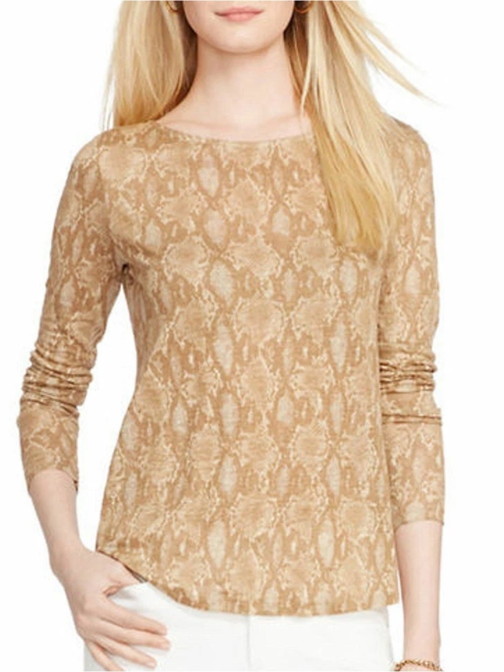 Lauren Ralph Lauren Tan Python Print Linen Knit Top Snake Print Size Large